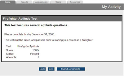 Custom activity showing test results
